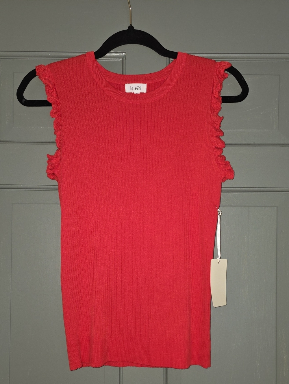 LA MIEL Red Ribbed Tank with Ruffle Cap Sleeves